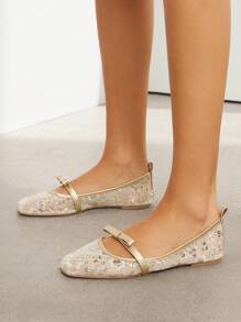 SHUZIA 女士休闲优雅方头舒适花卉印花网眼芭蕾平底鞋 - 米色 - 查看 4