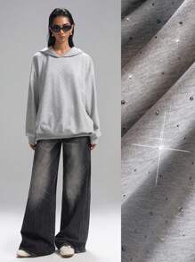 LYSMO Sudadera holgada con caída de hombros, decoración de strass, estilo casual para primavera/otoño - Gris Claro - Ver 1
