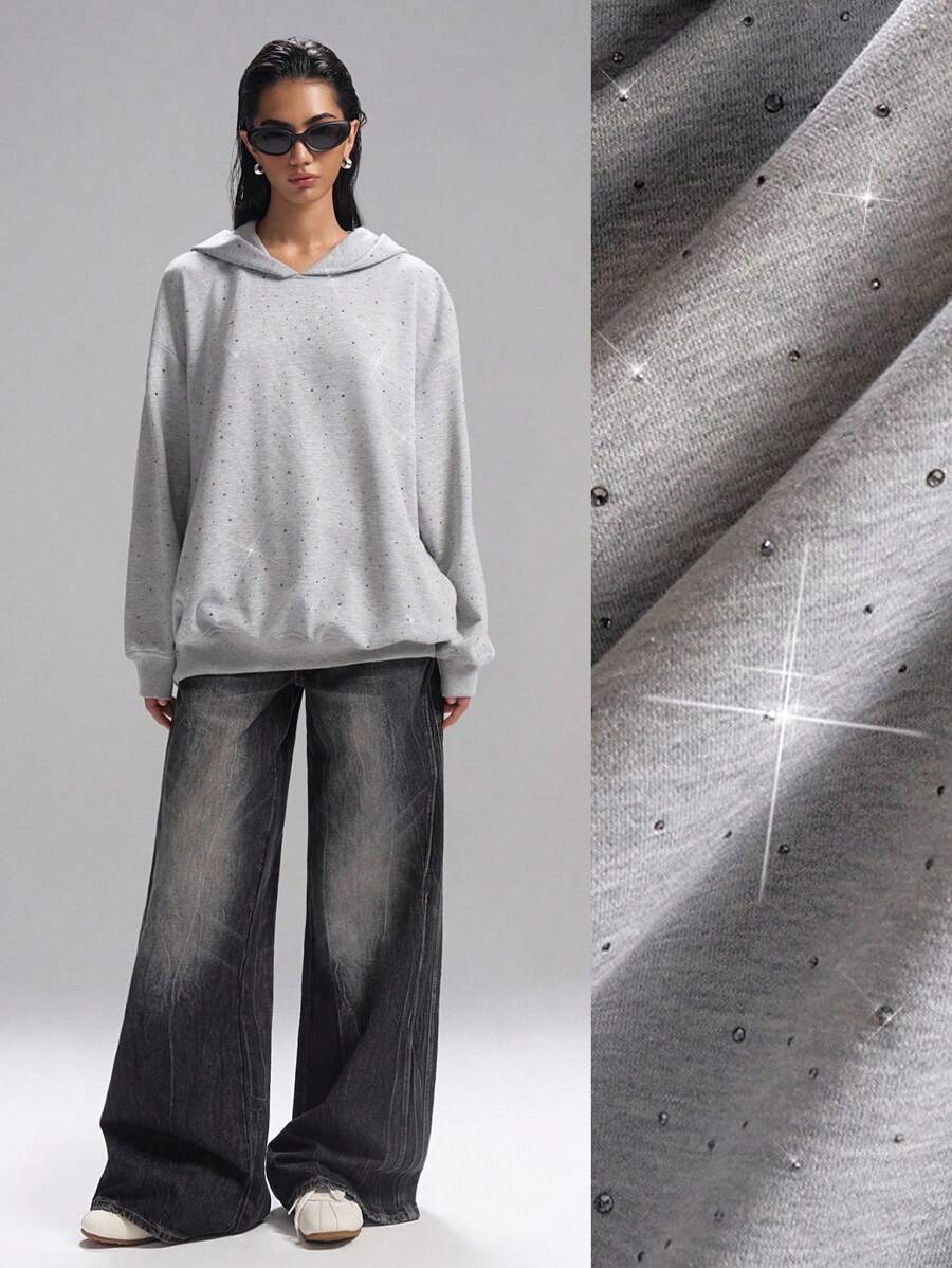 LYSMO Sudadera holgada con caída de hombros, decoración de strass, estilo casual para primavera/otoño - Gris Claro - Ver 1