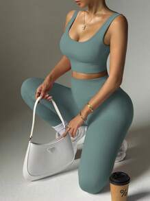 Easithlete 2pcs Seamless High Stretch Yoga Set Tracksuit Gym Set Ribbed Tank Top Tummy Control Leggings Workout Women Set - Blue - View 3