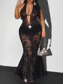 Viva Relle Vestido negro de verano para mujer de talla grande, de estilo elegante, con escote en V profundo, corte halter, lazo y encaje transparente, ideal para vacaciones, reuniones y fiestas - Negro - Ver 9