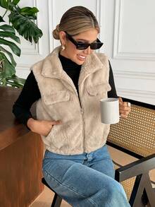 Serisse 女式纯色前拉链休闲背心，配人造毛皮 - 杏色 - 查看 6