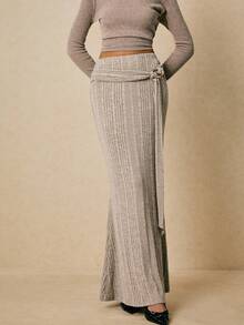 Poéselle Women's Solid Color Elastic Waist Ribbed Skirt - Apricot - View 4