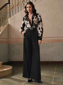 Anewsta 浪漫优雅花卉刺绣半透明休闲衬衫 - 黑色 - 查看 5