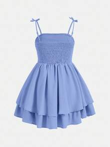 SHEIN Girlism Teen Girl Solid Color Ruched Double-Layer Casual Camisole Dress Blue Bodice Mermaid Knitted Spaghetti Straps Mini - Blue - View 2