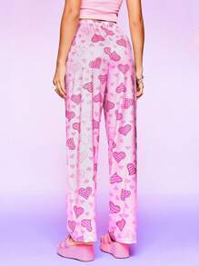 SHEIN Women's Heart Print Bow Decor Lounge Pants Sleepwear Nightwear, Fall - Pink - View 3