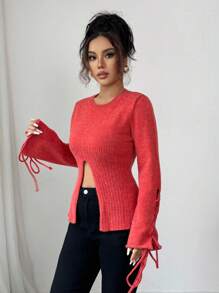 Elenzga Women's Casual Cross Strap Flare Sleeve Split Knit Sweater, Spring/Autumn Fall Winter Cloth For Women - Red - View 4