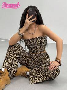Teen GirlCasual All-Match Everyday Home Leopard Print Crop Top + Loose Pants Woven Tank Top Set