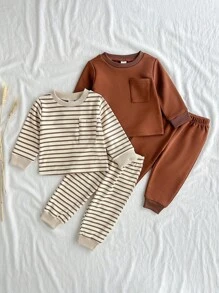 SHEIN Baby Boy 4-Piece Casual Set:Striped Crew Neck Long Sleeve Top & Loose Pants,Shades Of Brown,Autumn,Modest,Family Matching,Solid Ribbed Cuff Outfits - Multicolor - View 6