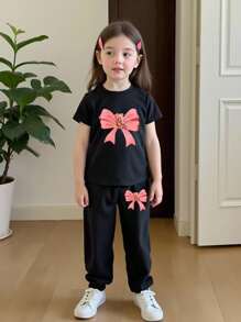 SHEIN 2pcs Toddler Girls Teddy Bear Bow Print Round Neck Short Sleeve T-Shirt And Print Pants Black Set Girls Pants And Top Bow Clothes Kids - Black - View 7