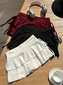 Attitoon Bộ 3 chân váy chữ A nhún eo đơn giản, tối giản màu đen, trắng, đỏ rượu dành cho nữ, thích hợp cho các buổi hòa nhạc, du thuyền, câu lạc bộ - Nhiều màu - Xem 4