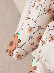 SHEIN 1件装 女童可爱小熊印花弹力腰拉链连帽抓绒外套，秋冬季女童冬季外套 女童卡通外套 儿童冬季外套 青少年冬季外套 保暖内衬冬季外套 - 卡其色 - 查看 5