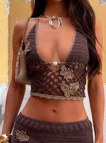 Opulessa Casual Vacation Summer Sexy Halter Tie Back Knitted Camisole For Women Holiday Outfits Summer Outfits Vacation