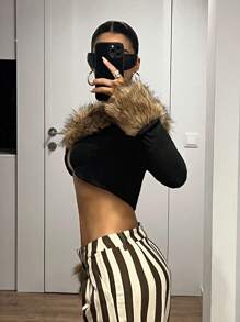SHEIN ICON 性感人造毛領拼接長袖修身短版夾克 毛飾短上衣 秋季夜店外訪黑色 - 黑色 - 查看 6