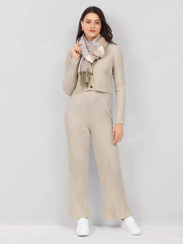 Miaspire Khaki Ribbed Knit Cardigan & Knit Pants