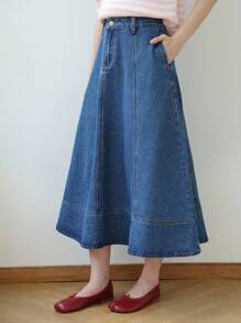 K-Vae Women's Denim Blue Commuter A-Line Denim Skirt,Korean Style Fall Women Clothes,Teacher Outfits For Women,Back To School,Denim For Women,Teacher Outfits For Women