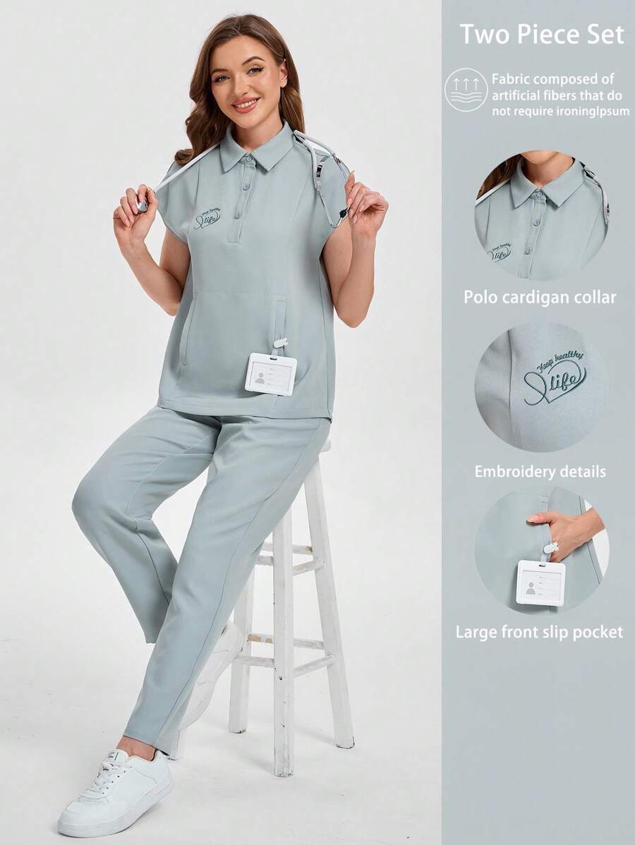 Scrubzie Embroidered Design Scrub Top And Pants, /Nursing Scrub Uniform Set - Green - View 1