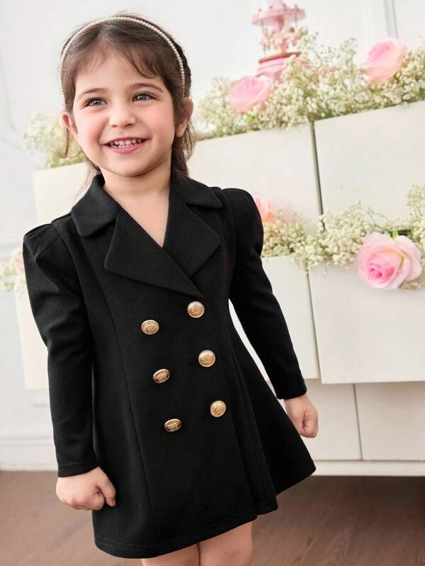 SHEIN Baby Girls' Solid Color Lapel NeckPuff Sleeve Double-Breasted Fashion Jacket
