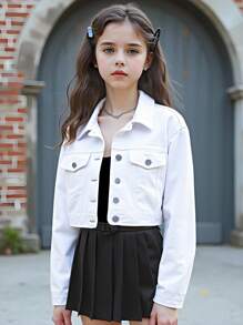 SHEIN 少女牛仔外套，新款秋冬白色短款牛仔夹克，休闲时尚，舒适修身牛仔面料，适合日常和上学穿着的少女休闲短款牛仔夹克，时尚经典，百搭百搭 - 白色 - 查看 5