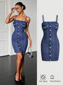 Siren Gaze 女士细肩带简约修身数码印花牛仔效果连衣裙 - 藍色 - 查看 1