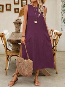 SHEIN LUNE 女式休闲无袖太阳裙，带双口袋，超长度假海滩装