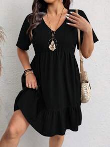 SHEIN LUNE 大码女式休闲宽松短袖连衣裙，纹理面料 - 黑色 - 查看 3