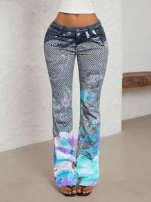 Jeanoix 大码时尚休闲全印花喇叭牛仔裤 - 彩色 - 查看 1