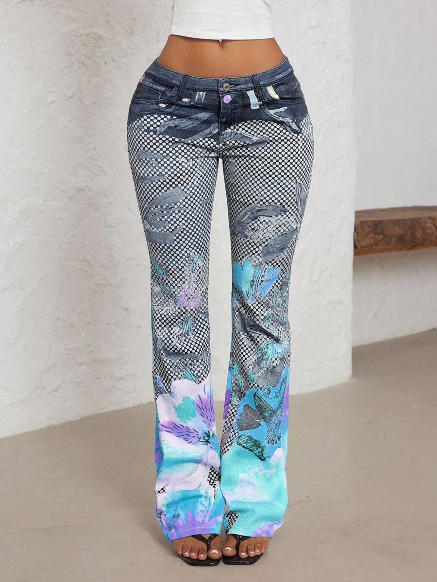 Jeanoix 大码时尚休闲全印花喇叭牛仔裤 - 彩色 - 查看 1