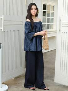 SHEIN EZwear 女士秋季休闲蝙蝠袖宽松牛仔上衣，韩版风格，返校季，秋季，复古富贵风 - 中等水洗藍 - 查看 2