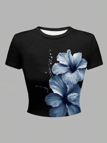 SHEIN Camiseta de cuello redondo de manga corta ajustada con estampado floral para adolescentes, apropiada para el verano