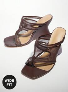 SHUZIA Women Wide-Fit Asymmetrical Strap Decor Wedge Cute Sexy Feminine Party Basic Mesh Coffee High Heeled Sandals - Coffee Brown - View 7