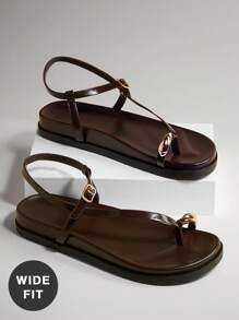 SHUZIA Wide-Fit Women's Comfortable Gold Metal Toe Ring Flat Sandals For Christmas