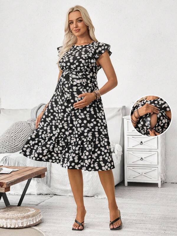 SHEIN Daisy Floral Print Comfortable Casual Elegant Ruffle Sleeve Maternity Nursing Dress