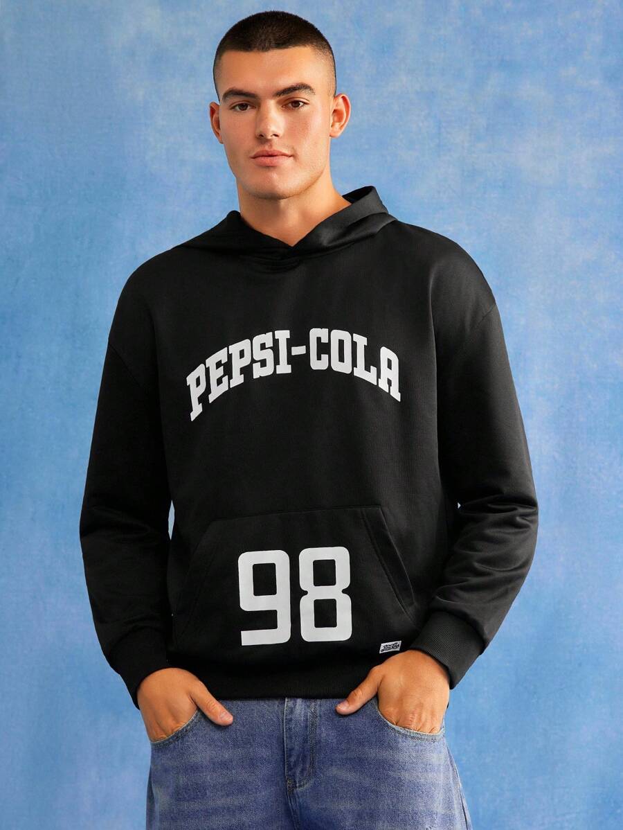 PEPSI X SHEIN 男式字母图案休闲长袖套头连帽衫 - 黑色 - 查看 1