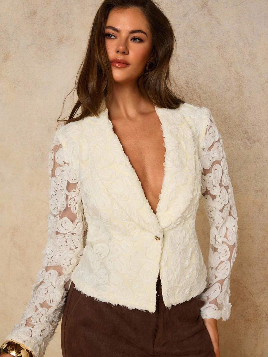 COSMINA Women Shawl Collar 3D Flower Mesh Long Sleeve Elegant Blazer In Fall/Winter - White - View 1