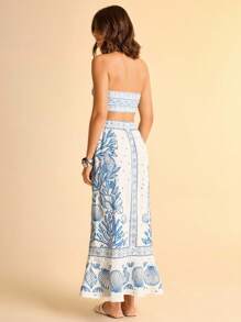 CAJUNI 女式波西米亚风蓝白热带海洋贝壳印花露背短款上衣和长裙休闲度假海滩 2 件套 - 藍白色 - 查看 2