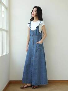 K-Vae Váy denim đơn giản có dây đeo chéo cho nữ, trang phục mùa thu phong cách Hàn Quốc cho nữ, trở lại trường, trang phục giáo viên cho nữ - Rửa trung bình - Xem 3