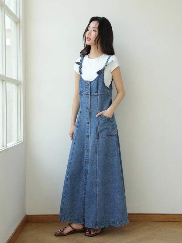 K-Vae Women's Full Single Breasted Pocket Casual Suspender Denim Dress,Korean Style Fall Women Clothes,Back To School,Teacher Outfits For Women