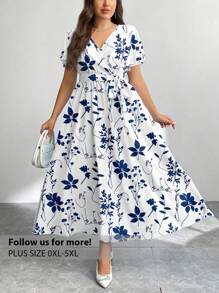 Firerie Casual Retro Blue & White Floral Print Loose Plus Size Dress, Suitable For Spring & Summer Flowy Dress Boho Suitable For Going Out Chic Dress - Blue and White - View 1