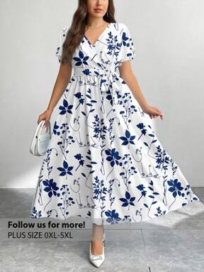 Firerie Casual Retro Blue & White Floral Print Loose Plus Size Dress, Suitable For Spring & Summer Flowy Dress