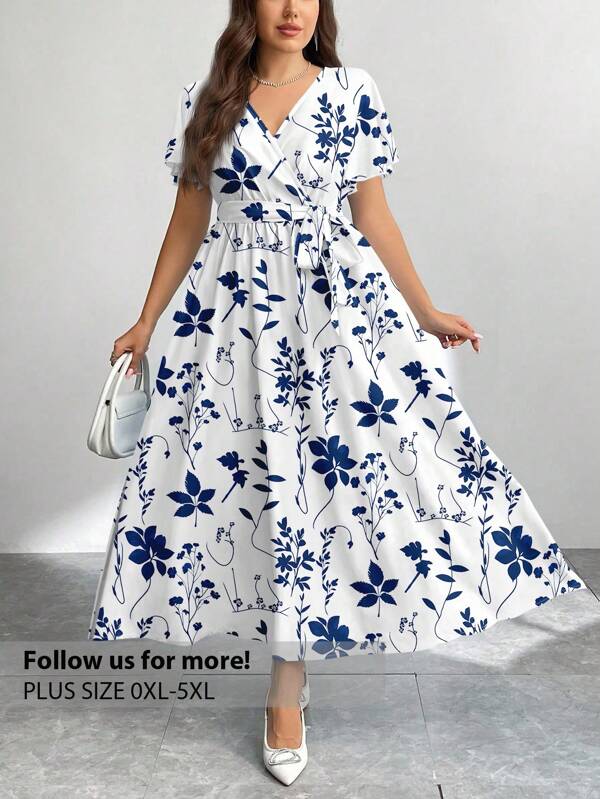 Firerie Casual Retro Blue & White Floral Print Loose Plus Size Dress, Suitable For Spring & Summer Flowy Dress