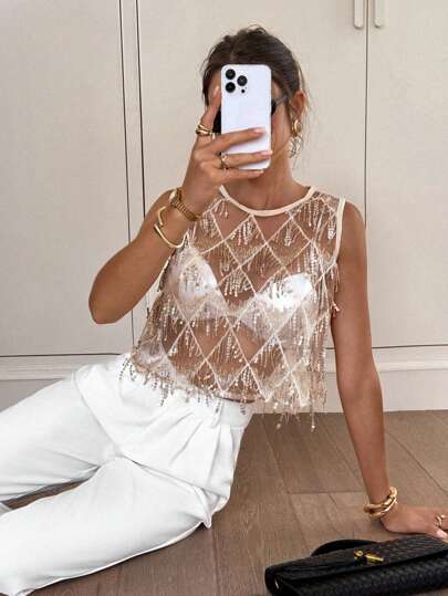 Siren Gaze Women's Casual Vacation Music Festival Mesh See-Through Beaded Crop Top,Rave Top,See Through Top Summer Party Holiday Resort