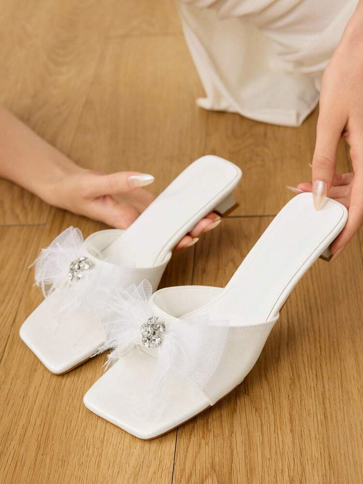 CUCCOO HITCHD Elegant White Crystal Bow-Knot Square Toe Slim Stiletto Mid Heel Pumps, Comfy Casual Slip On Office Dress Shoes, Versatile For Work, Date, Party, Wedding