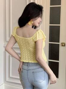 Modelyn Yellow Hollow-Out Metal Buckle Short Sleeve Cropped Blouse Top For Women - Yellow - View 3