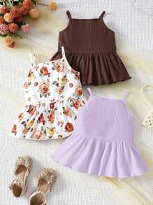 SHEIN LMoss Kids 少女三件套休闲荷叶边装饰吊带背心 - 紫色 - 查看 6