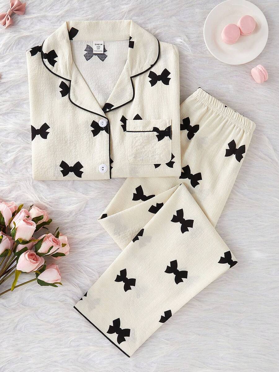 Sparklyn 2 件/套女孩青少年米色蝴蝶印花长袖开衫和裤子，舒适休闲家居服
