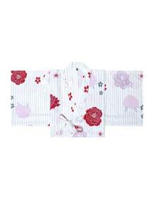 Irokai Stripe & Floral Print Batwing Sleeve Top And Mini Skirt Yukata Kimono Set(Without Fan)