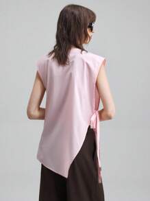 Ontre 女士不对称下摆侧开衩无袖上衣，时尚度假风设计，适合教师、都市通勤、商务休闲穿着 - 粉色 - 查看 2