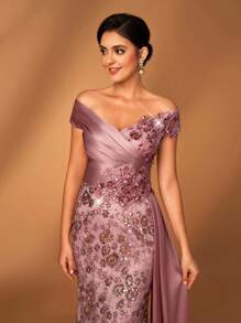 Serin Vestido elegante y de lujo con un solo hombro, bordado con lentejuelas, parches de encaje y volantes de satén, bajo de cola de pez, diseño de drapeado lateral, adecuado para bodas, fiestas, vacaciones, bailes de graduación, vestido de noche