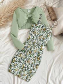 SHEIN Vintaside Kids 2pcs/Set Teen Girls' Ribbed Jacket + Printed Skirt - Green - View 1